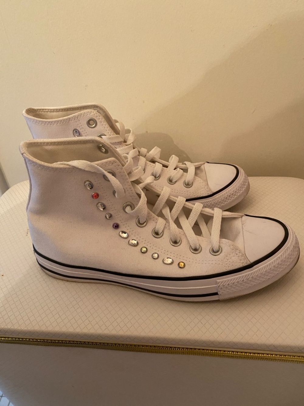 Converse White High-Top Canvas Sneakers with Multicolor Rhinestones